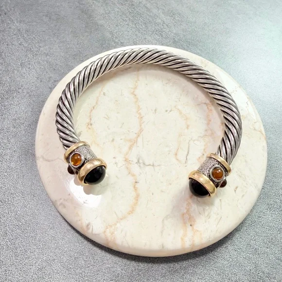 Vintage Two Tone Sliver/Gold Twisted Cable Bangle Cuff Bracelet With Cabochons - Picture 2 of 6